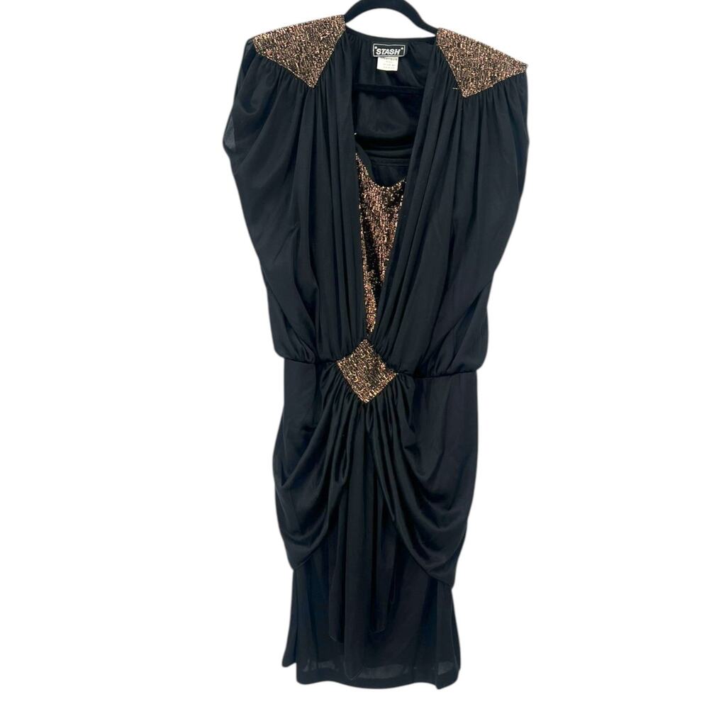 1980' S Disco Grecian dress Mini Metallic studio 54 liquid draped shoulder black